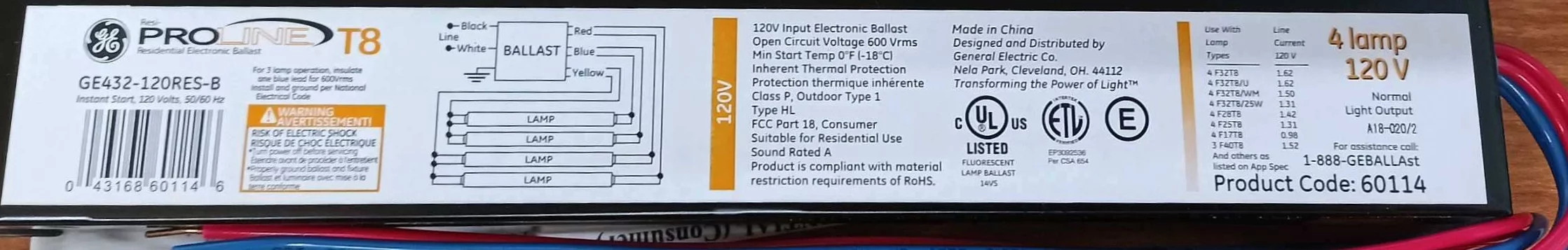 GE 60114 Proline Residential Electronic Ballast GE432-120RES-B Fluorescent Ballast, 3 or 4 Lamp, Instant Start T8