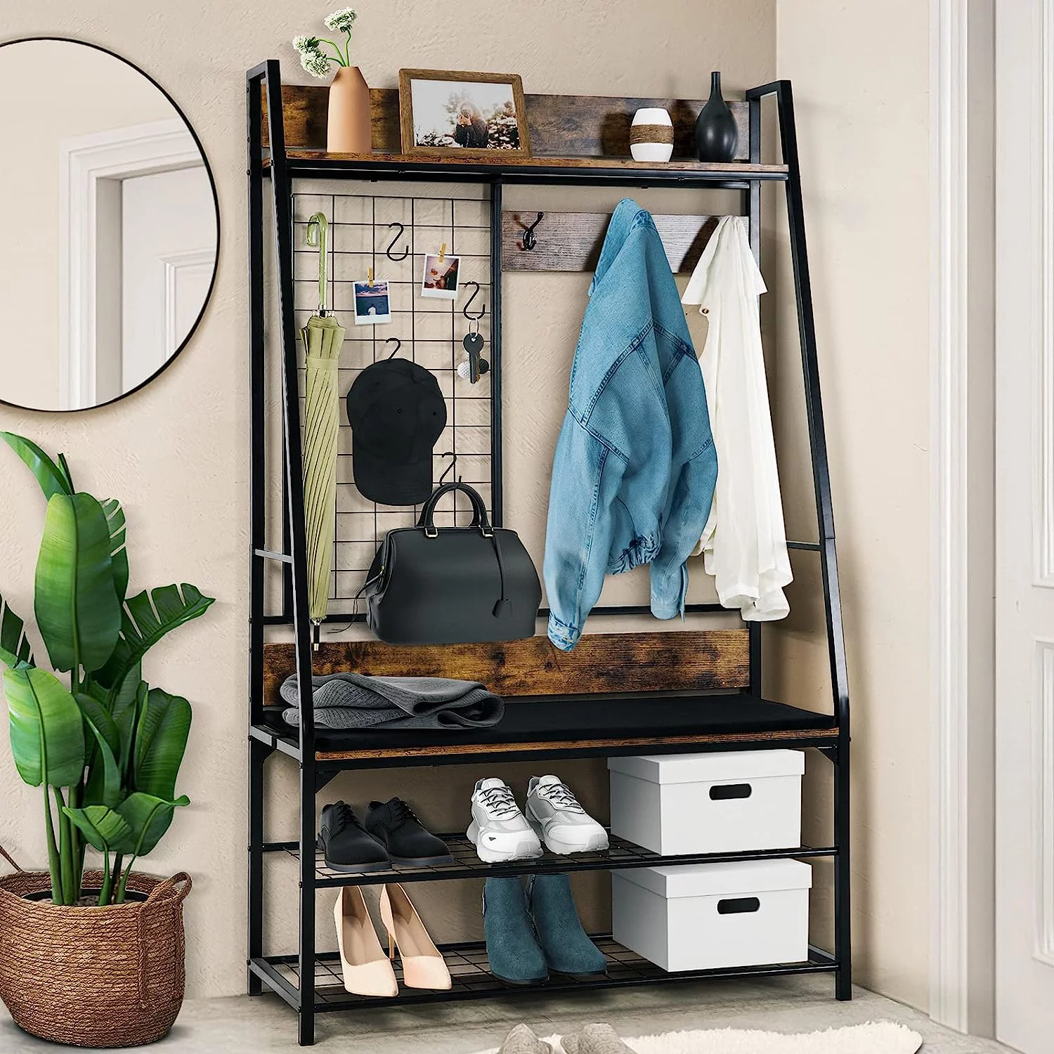 E&D FURNITURE Entryway Hall Tree  Entryway Coat Rack with Shoe Storage Bench Mudroom Bench with Storage and Hooks Coat Rack Tree Freestanding Shoe Rack for Mudroom Organization