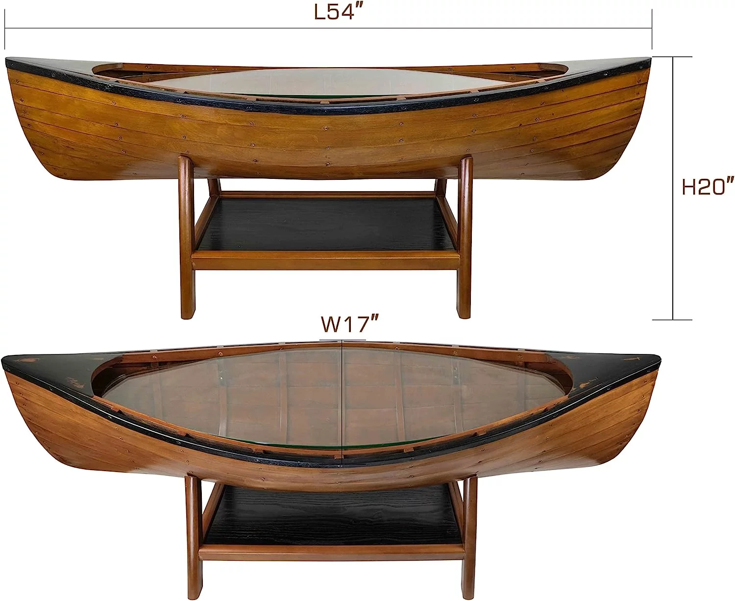 SAILINGSTORY Wooden Boat Canoe Coffee Table Lake House Decor Nautical Coastal Coffee Table Side Table Antique Honey Finish