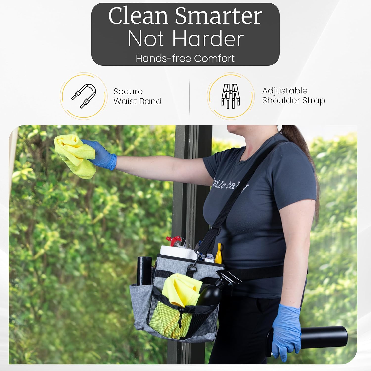 Wearable Large Cleaning Caddy for Cleaning Supplies - Cleaning Bag with Handles and Strap - 3 Microfiber Cloths and 2 Spray Bottles - Cleaning Supply Caddy for Housekeeping and Professional Cleaning
