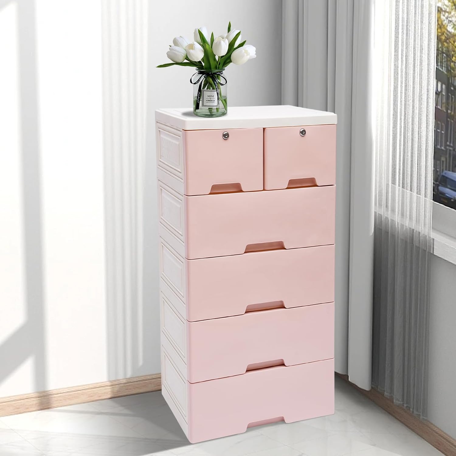 6 Drawers Plastic Drawers Dresser with 4 Wheels - Storage Chest Vertical Cabinet - Closet Drawers Tall Dresser Organizer for Clothing Toys Snacks Closet Bedrooms Home Office Bedroom (Pink)