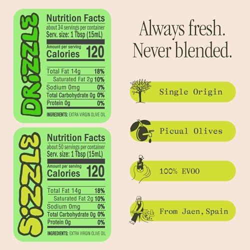 Graza Extra Virgin Olive Oil Variety Pack, Sizzle & Drizzle - High Polyphenol Peak Harvest EVOO Cooking & Finishing Oil in a Squeeze Bottle - Single Farm Olives from Spain