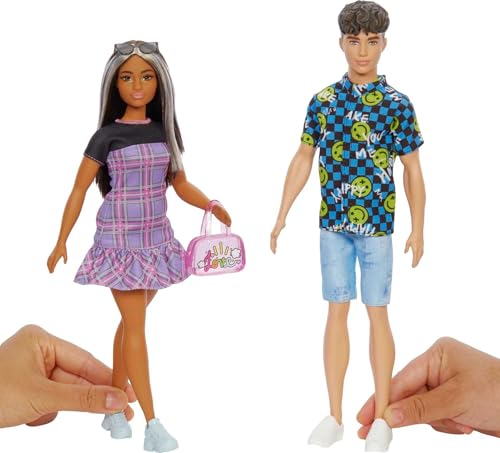 Barbie & Ken Fashions 2-Pack Clothing & Accessories Set, 1 Plaid Dress & Purse for Barbie Doll & 1 Smiley Face Shirt, Denim Shorts & Sunglasses for Ken Doll
