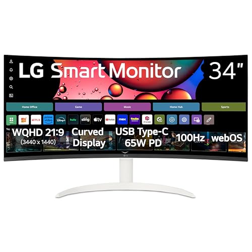 LG 34SR63QA-W 34 inch Smart Curved Monitor with Streaming TV, QHD 1440p, UltraWide Screen, USB Type-C 65W PD, 1800R, webOS, HDR10, 100Hz, Built-in Speaker, AirPlay2, Screen Share, Bluetooth, White