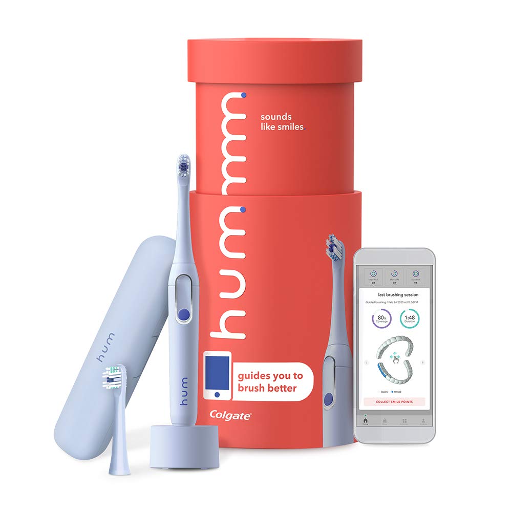 hum by Colgate Smart Electric Toothbrush Kit, Rechargeable Sonic Toothbrush with Travel Case & Bonus Replacement Brush Head, Blue Pack of 2