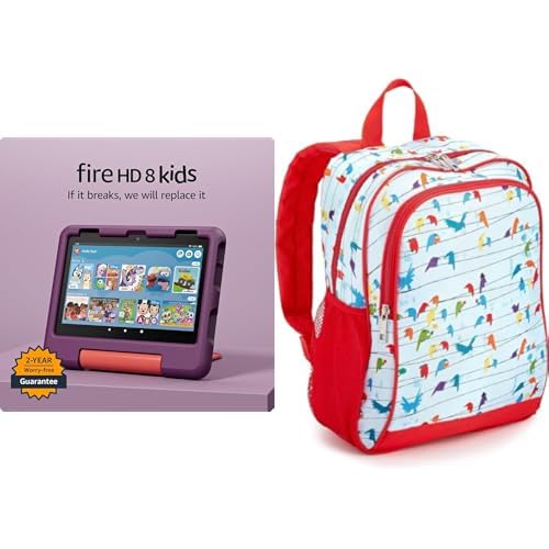 Amazon Fire HD 8 Kids Tablet (32 GB, Grape, 6 months Kids+, 2024 release) + Backpack Bundle