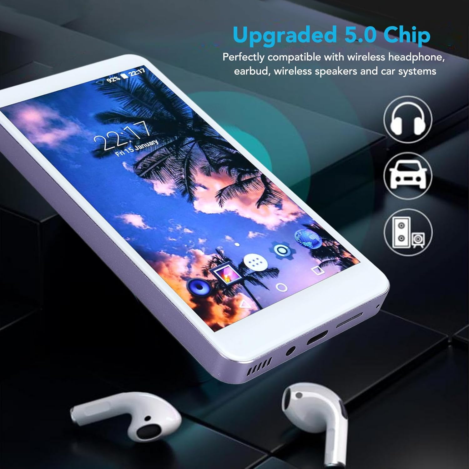 MP4 Player,5in 128GB MP3 Player with Bluetooth 5.0,Smart Noise Reduction,Pre Installed Spotify Kids,Spotify,Audible,Pandora, Music and Deezer,Portable MP4 Player