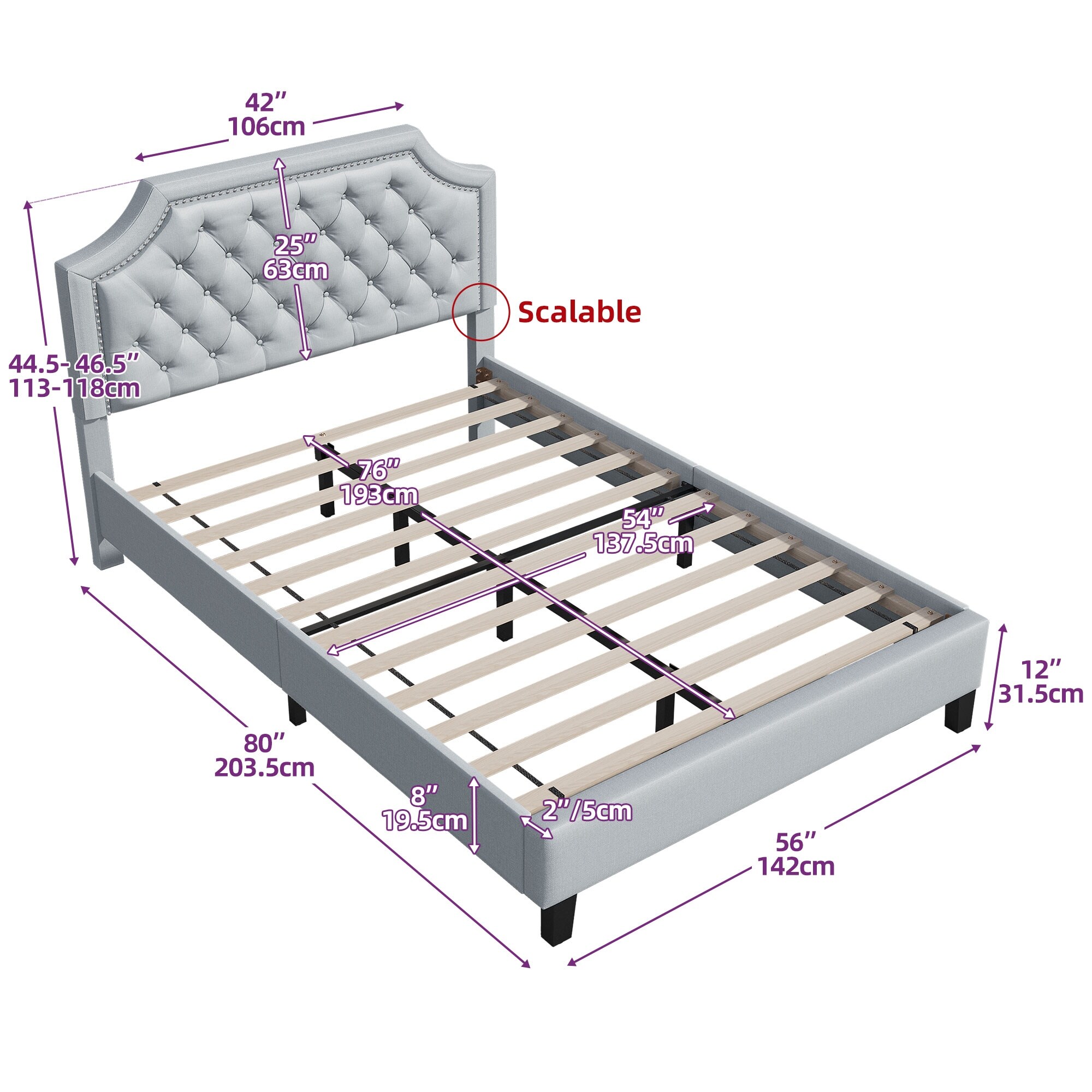 WedealFu Inc Moasis Upholstered Tufted Bed Frame with Adjustable Height Headboard (Full/Queen/King) Grey - Full
