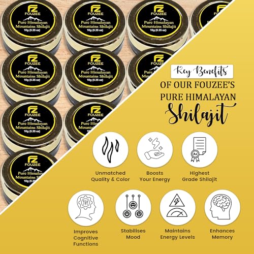 FOUZEE Pure Himalayan Mountains Shilajit - 77% + Fulvic Acid Authentic Hard Consistency, Natural Source of Fulvic Acid, Over 85 Trace Minerals, Includes Stainless Steel Spoon (10 Grams)