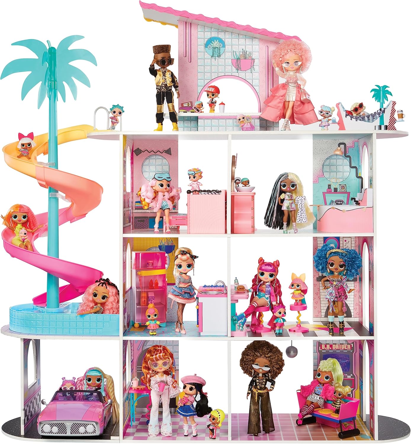 L.O.L. Surprise! OMG Fashion House Playset with 85+ Surprises and Made from Real Wood Including Pool, Spiral Slide, Rooftop Patio, Movie Theater, Transforming Furniture, and More!