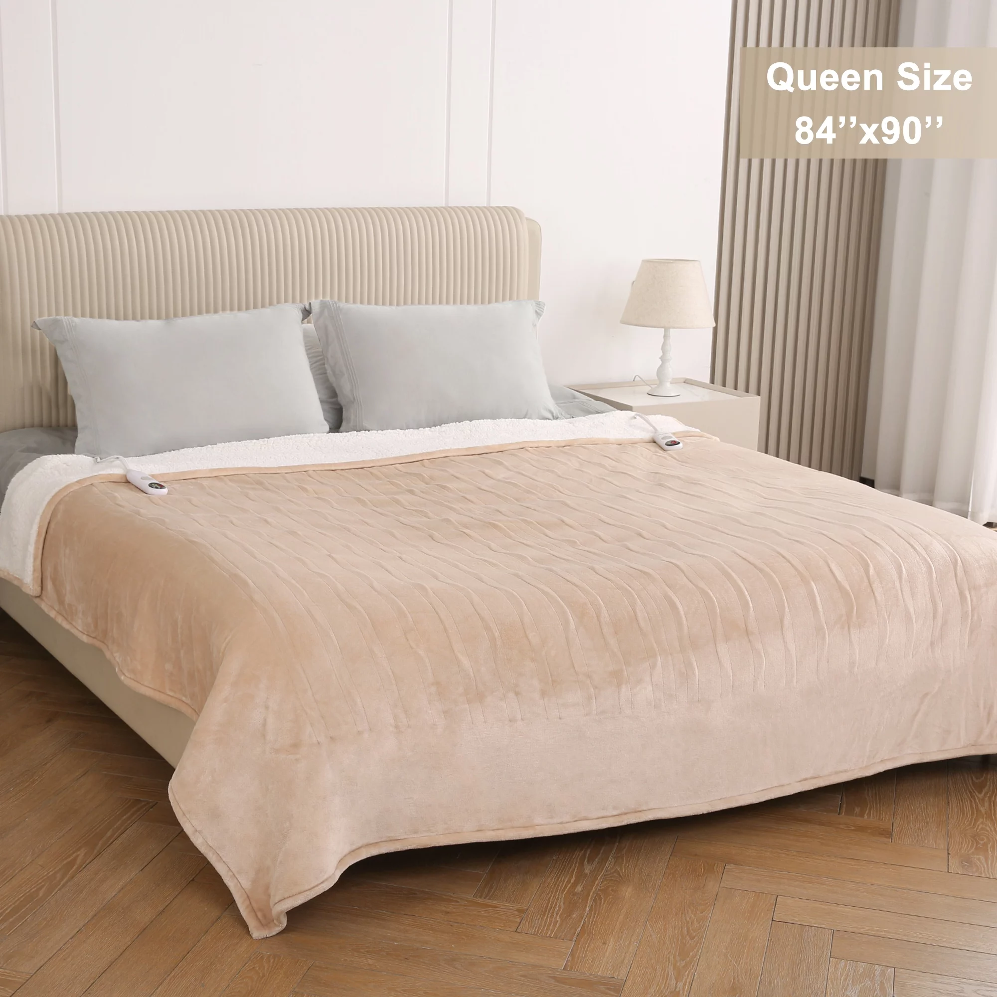 MARNUR Electric Heated Blanket Queen Size 84''x90'', Fast Heating with Dual Controllers, 6 Heating Levels, 8H Time Settings, Machine Washable - Beige