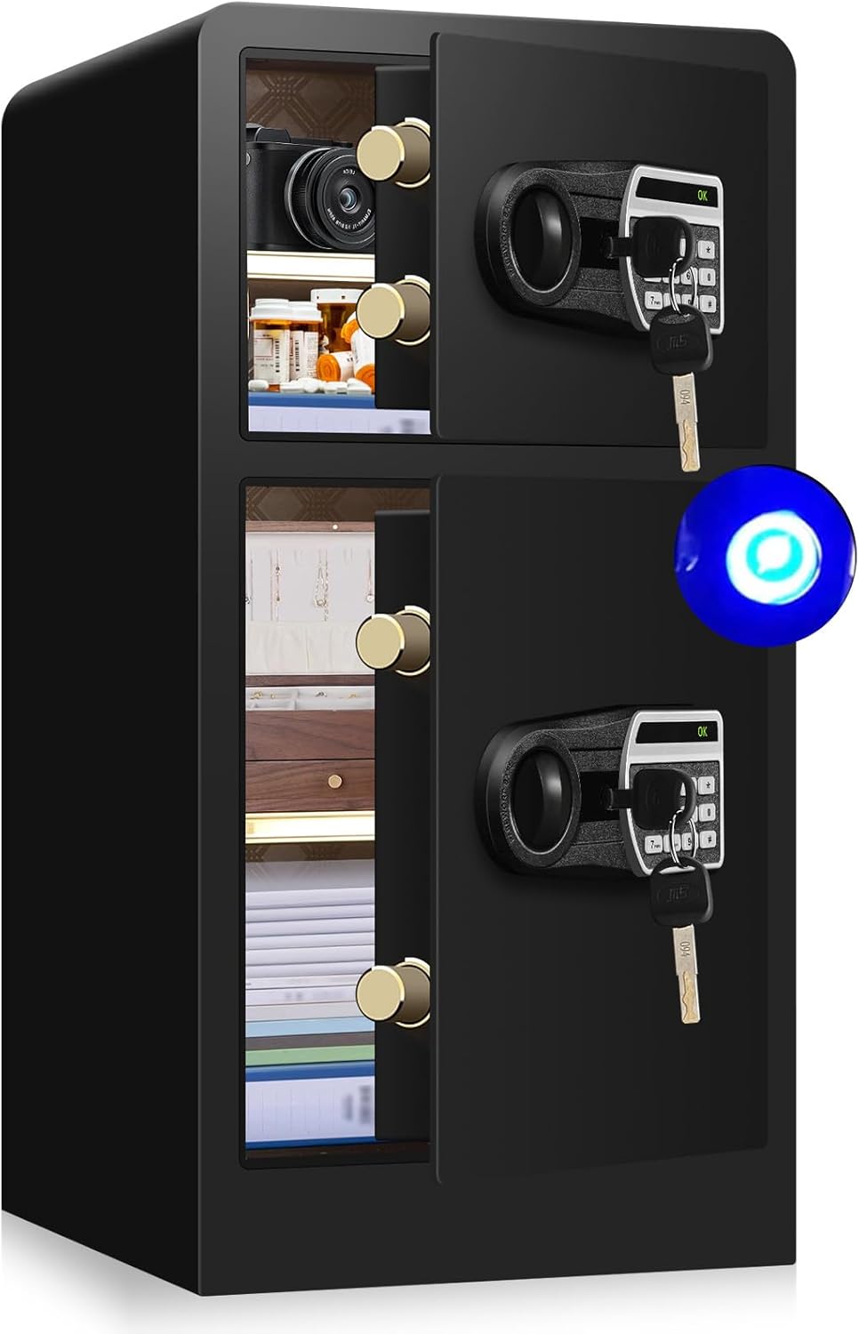 [True to Size] 6.1 CU FT Large Home Safe Box Fireproof Waterproof with Inner Hidden Lock Box- Security Safety Box with Digital Keypad and Key Lock Removable Shelf, Sensor Light for Documents