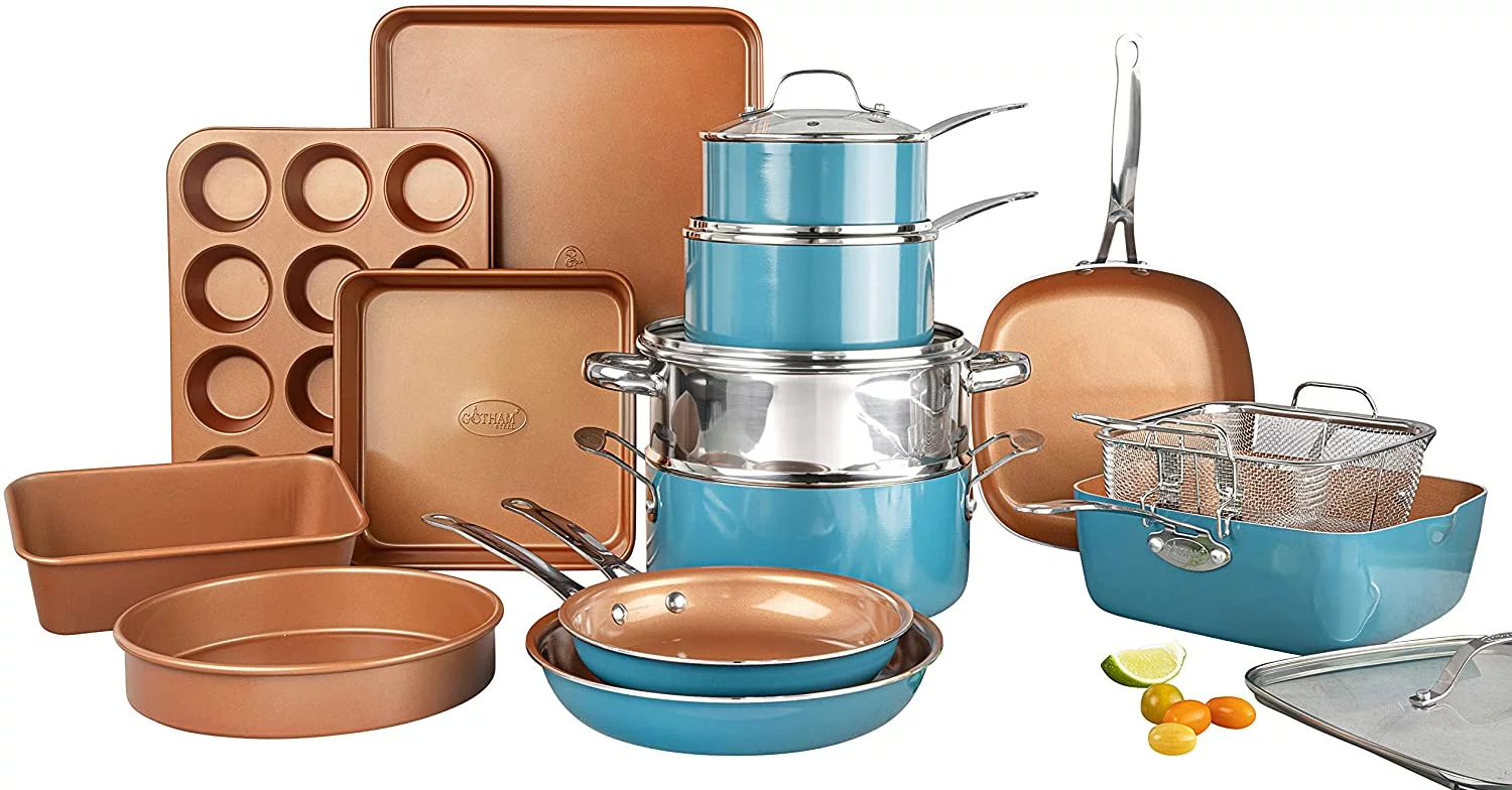 Gotham Steel Cookware + Bakeware Set with Non-stick Durable Ceramic Copper Coating – Includes Skillets, Stock Pots, Deep Square Fry Basket, Cookie Sheet and Baking Pans, 20 Piece, Turquoise