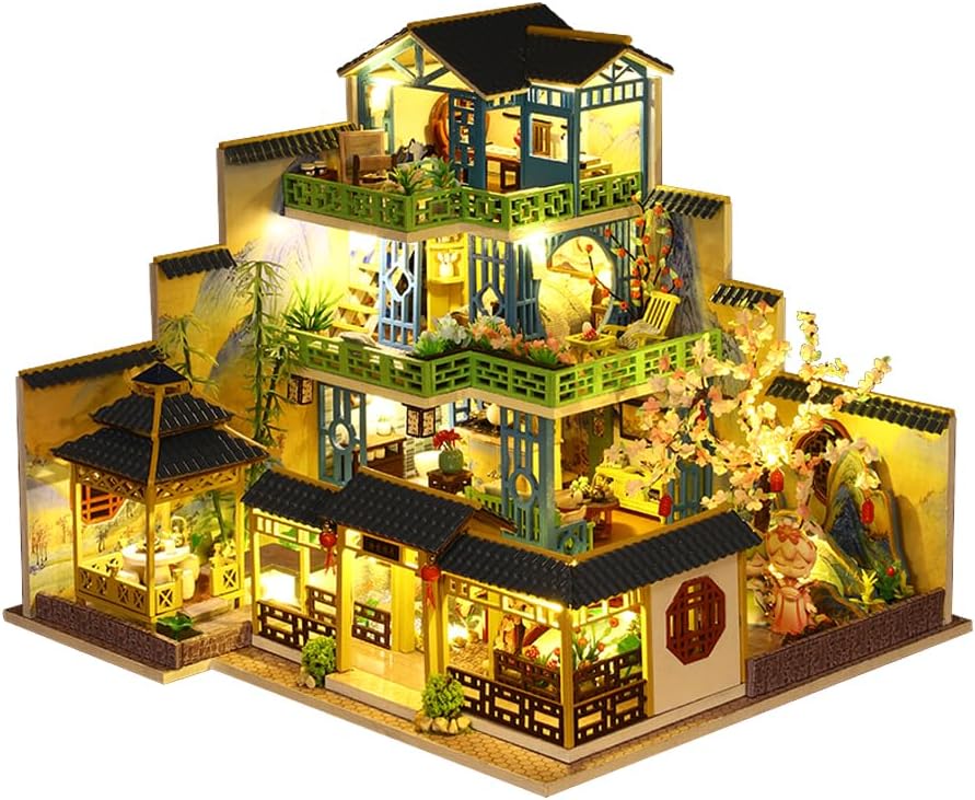 Miniature Chinese Style Three-Storey Villa Dolls House, Wooden Furniture, DIY Dollhouse Kit with LED Creative Room,Adult Teenager Children Gift