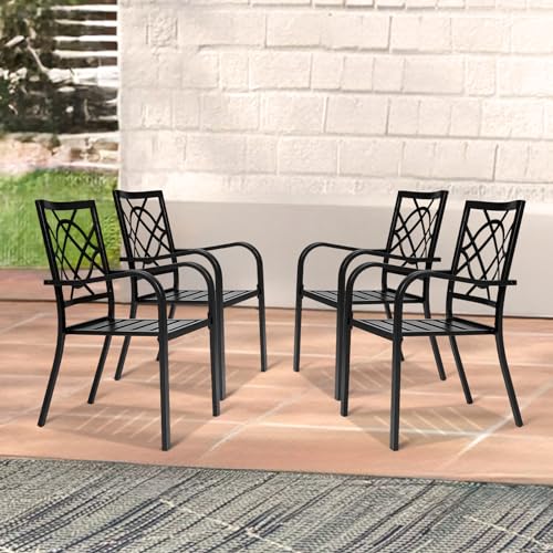 SUNCROWN 5-Piece Outdoor Wrought Iron Chairs and Table Patio Dining Furniture Set - 4 Stackable Metal Chairs, 1 Steel Slat Bistro Table for Garden Backyard Deck