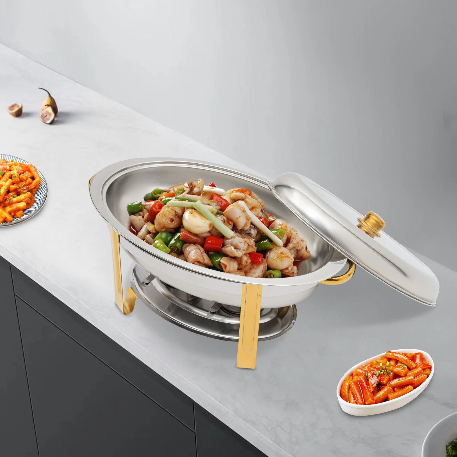 5.5L Stainless Steel Chafing Dish Buffet Set Oval Round Chafer BBQ Party W/ Lid
