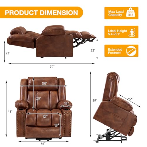 Triple Motor Large Power Lift Recliner Chair for Elderly with Heat and Massage, Lay Flat Lift Chairs for Seniors Infinite Position, Extended Footrest, USB Port Type-C Prot, Dark Brown