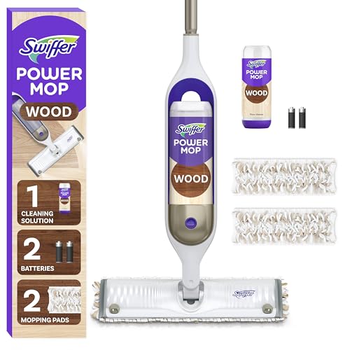 Swiffer Power Mop Wood, Hardwood Floor Cleaner for Mopping Home, Bathroom, Kitchen, All Purpose Multi-Surface Cleaning Set includes PowerMop Wood, 2 Pads, 1 QuickDry Lemon Solution, & 2 Batteries