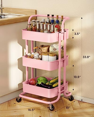 Pipishell 3 Tier Mesh Utility Cart, Rolling Metal Organization Cart with Handle and Lockable Wheels, Multifunctional Storage Shelves for Kitchen Living Room Office Black