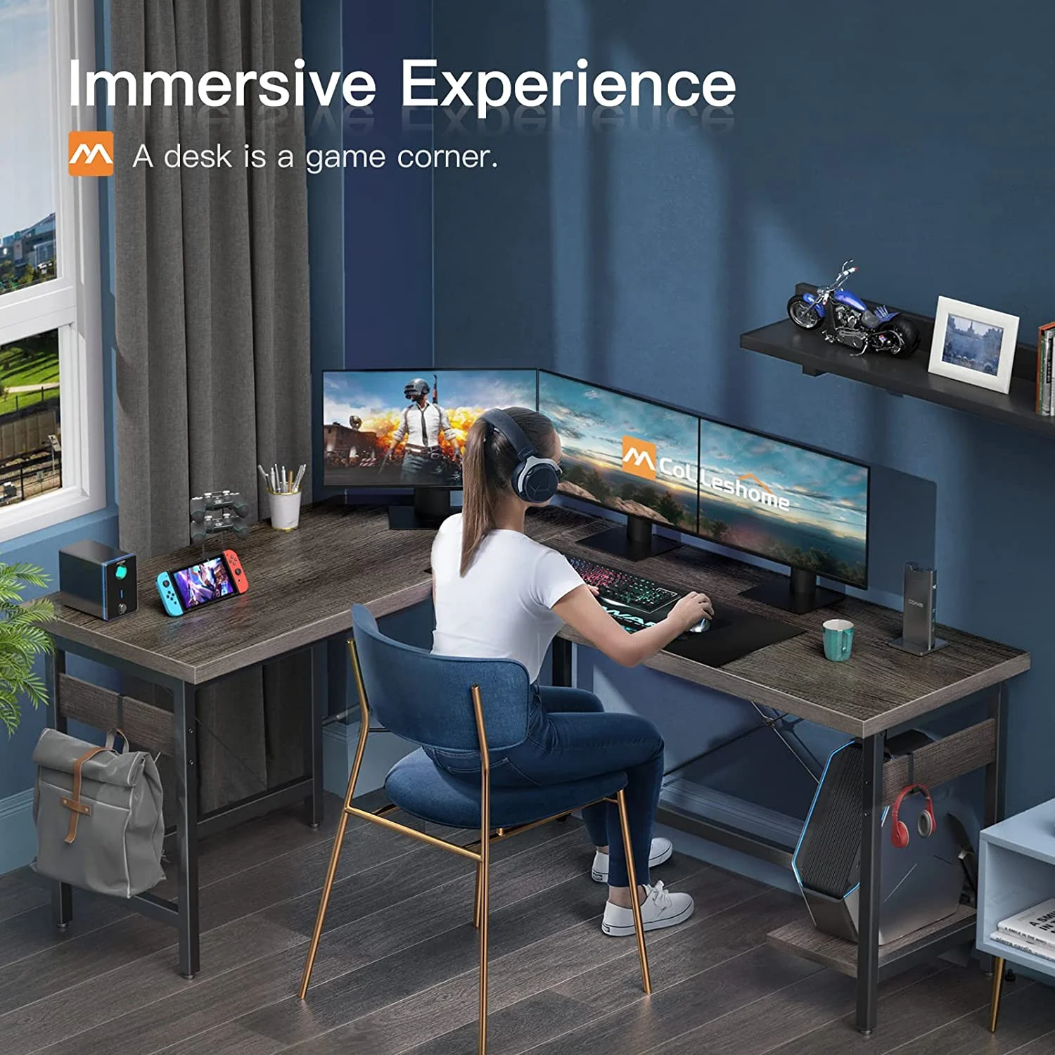 66" L Shaped Gaming Desk  Corner Computer Desk  Sturdy Home Office Computer Table  Writing Desk  Larger Gaming Desk Workstation  Vintage