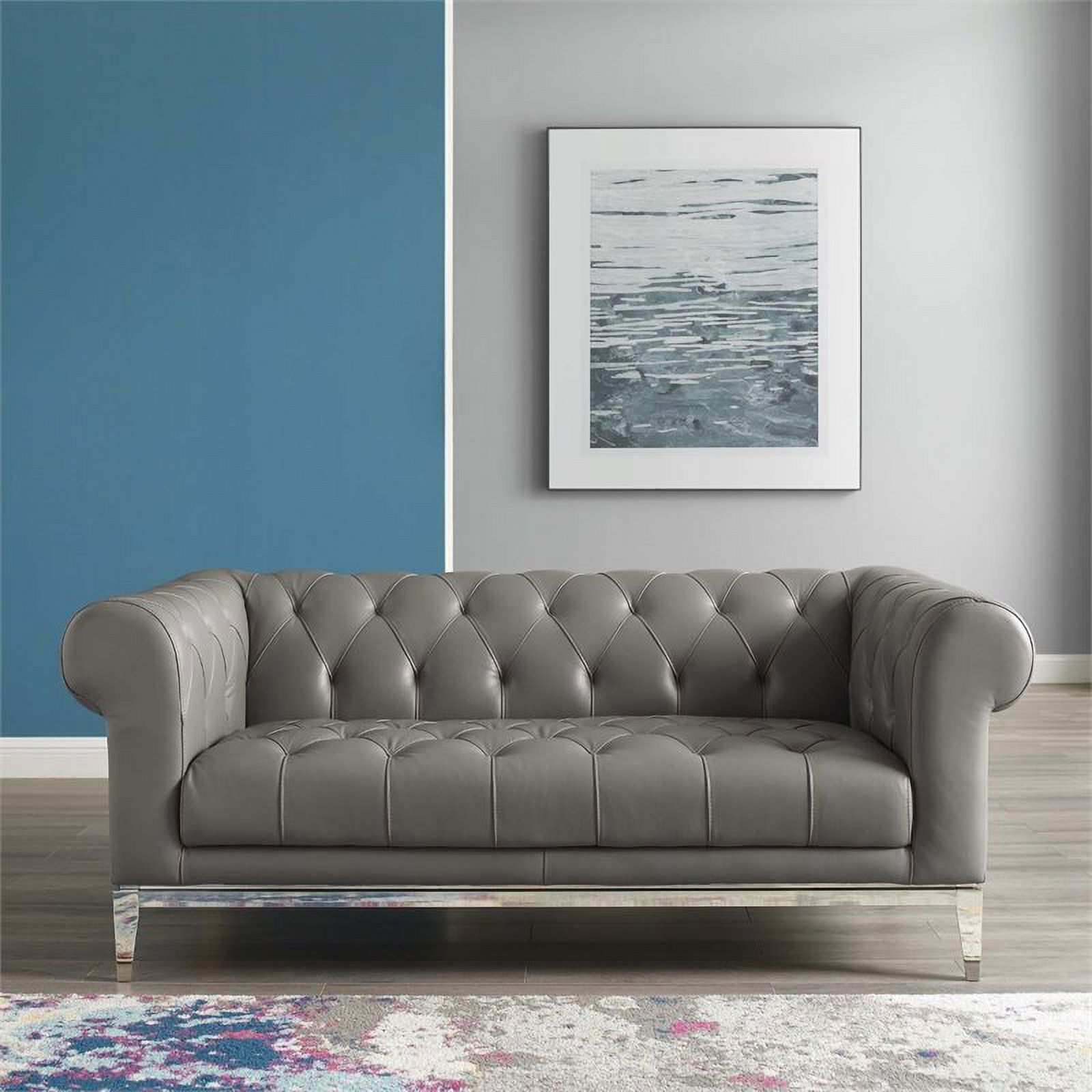 Pemberly Row Leather Upholstered Button Tufted Chesterfield Loveseat in Gray