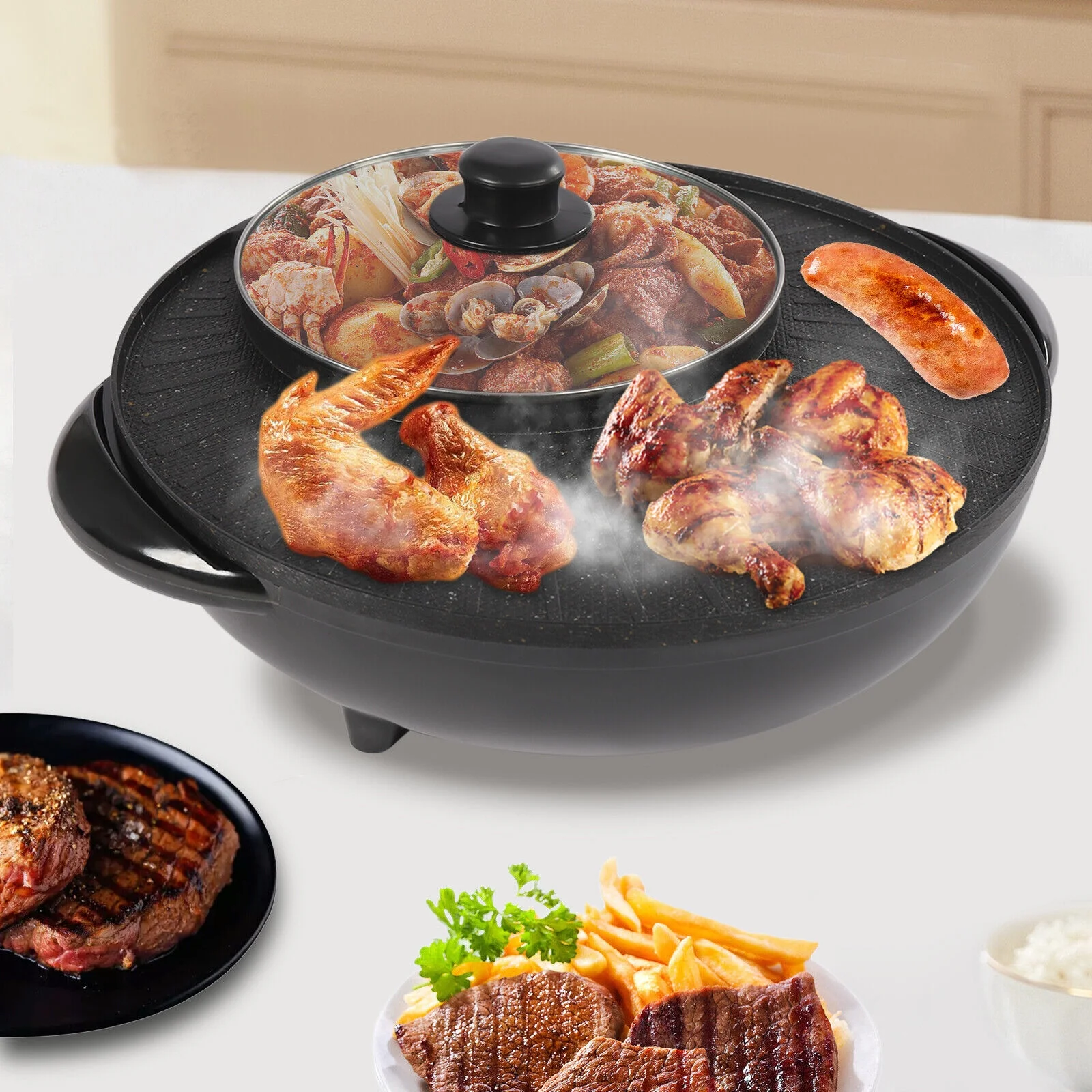 Miumaeov Portable Circular Edition Hotpot Grill Combo Indoor BBQ Barbecue Hot Pot Nonstic