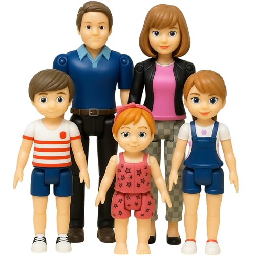 Family Dollhouse People - Doll House People Figures - 5 Poseable Action Figures Incl. Mom, Dad, Sister, Brother, Toddler - Small Dolls for Dollhouse - Dollhouse Dolls (Family)