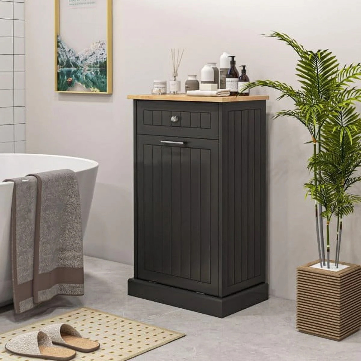 Kitchen Tilt Out Trash Bin Cabinet, ZPL Freestanding Laundry Sorter Cabinet,Trash Can Holder With Drawer, Freestanding Laundry Sorter Cabinet, Recycling Cabinet for Kitchen Bathroom Hallway