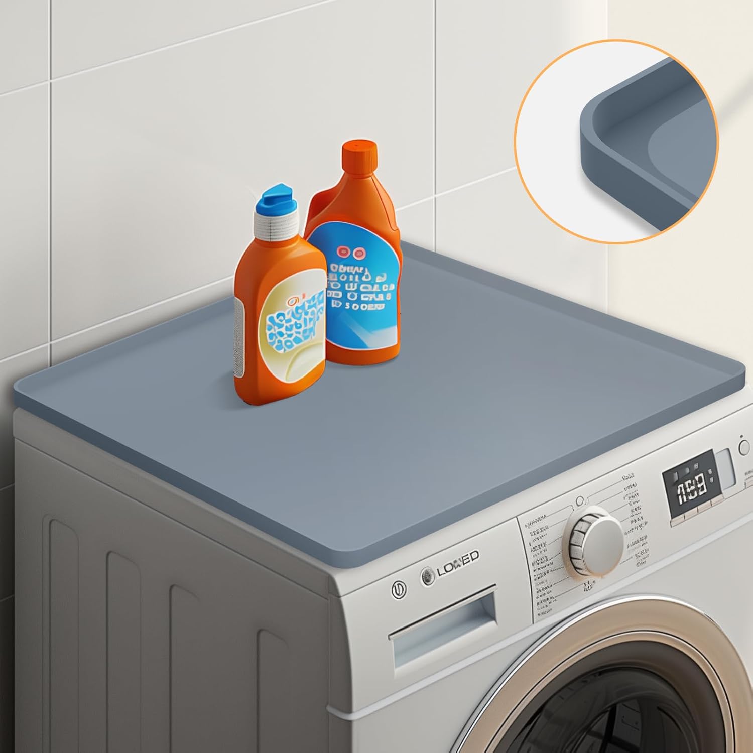Washer and Dryer Covers for the Top, 23.6'' x 23.6'' Grey Silicone Rubber Washer Dryer Top Protector Mat, Non-slip Waterproof Washing Machine Cover for Top Load for Home Kitchen Laundry Room