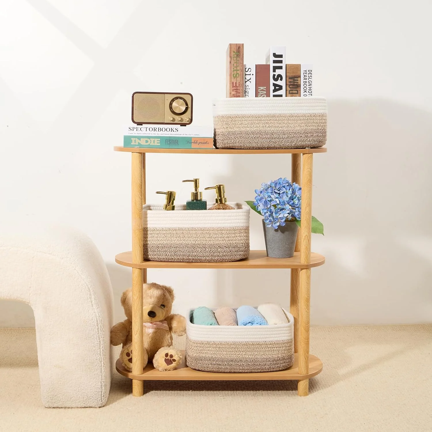 AllWays Plaza Small Storage Baskets for Organizing | Closet Organizer Bins | Shelf Toy Basket | Woven Rope Baskets | Cube Decorative Box | Shallow Basket | 13x8.5x5.1” | 3 Packs Gradient Brown