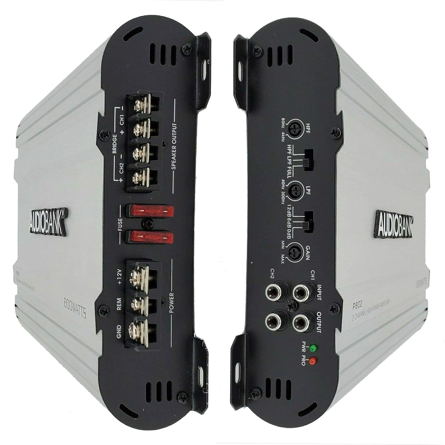 Audiobank 2 Channels 800 WATTS Bridgedable Car Audio Stereo Amplifier P802 Heavy-Duty Aluminum Alloy Heatsink | Class A-B Operation Remote On/Off Circuit