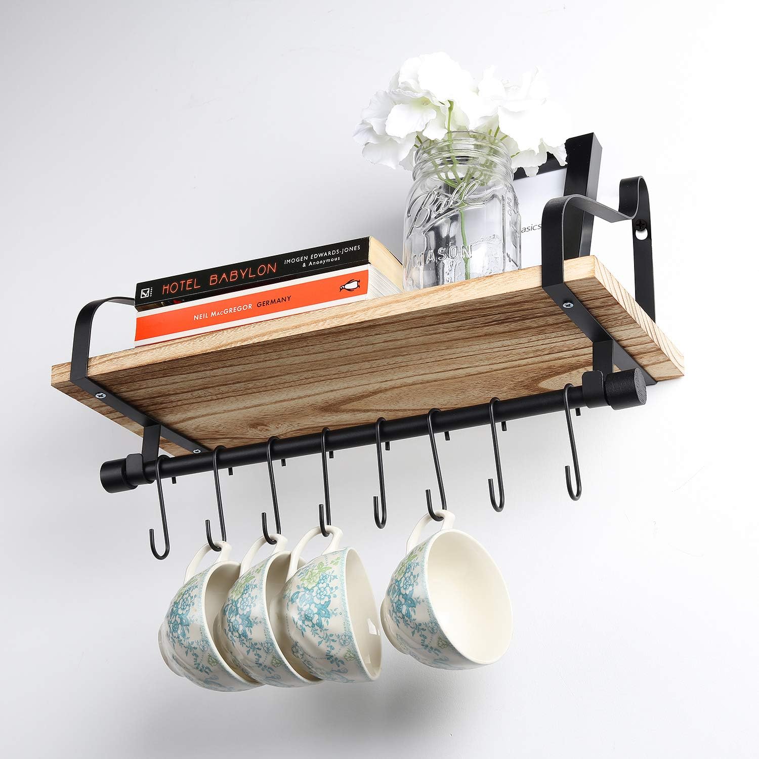 Floating Shelf, Rustic Wood Shelf with 8 Hooks, Coffee Bar Display Shelf, Kitchen Spice Rack