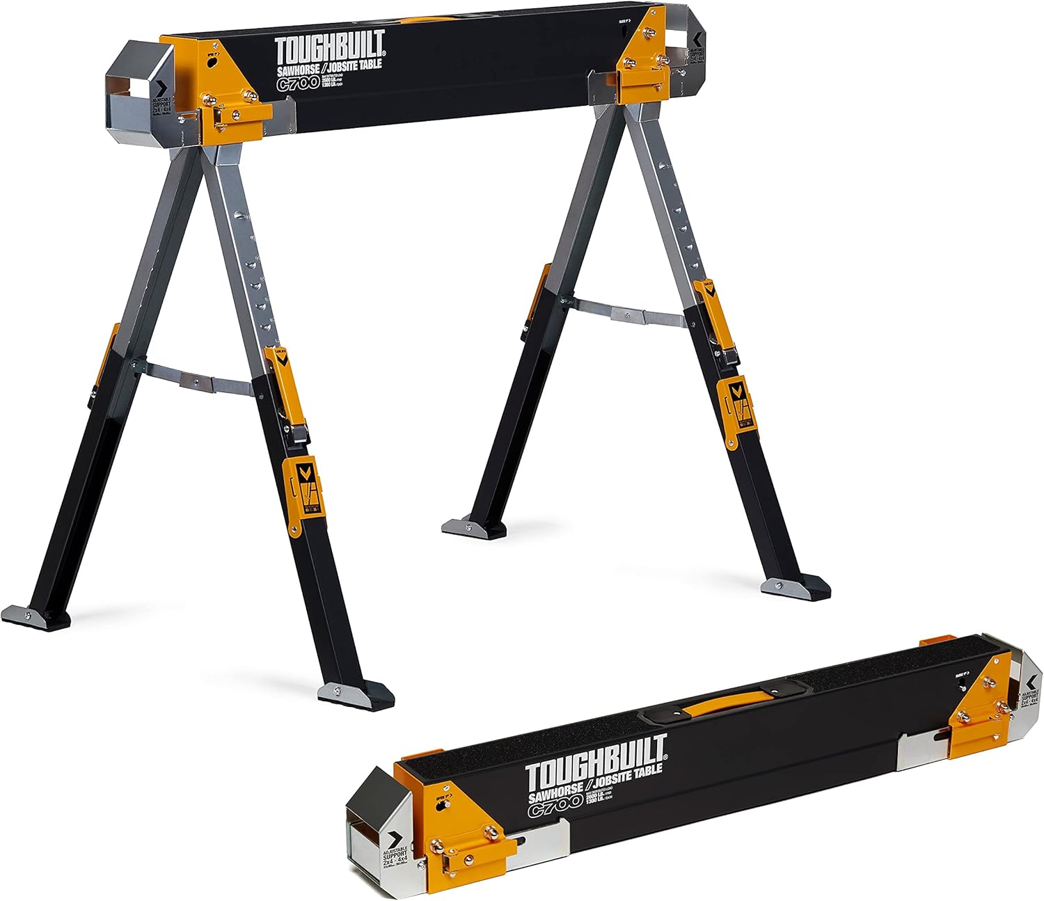 ToughBuilt - Folding Sawhorse - Sturdy, Durable, Lightweight, Heavy-Duty, 100% High Grade Steel - Adjustable up to 4x4 Size Support Arms - 1300 LB Capacity - (TB-C700) - 2 Pack