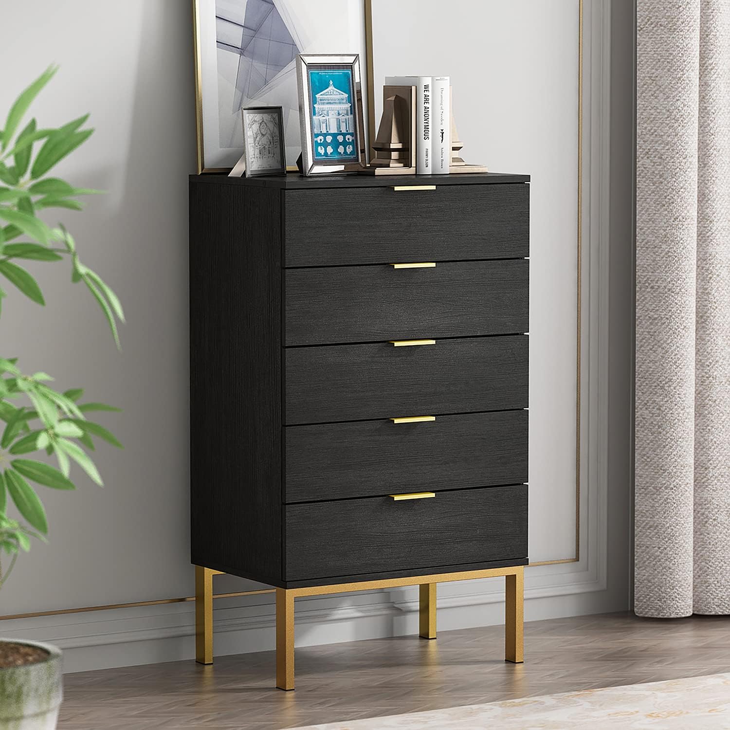 Homsee Modern Dresser Storage Chest with 5 Drawers, Wood Dresser Chest with Gold Metal Legs and Handles for Bedroom, Living Room & Hallway, Black (23.6”L x 15.7”W x 41.1”H)
