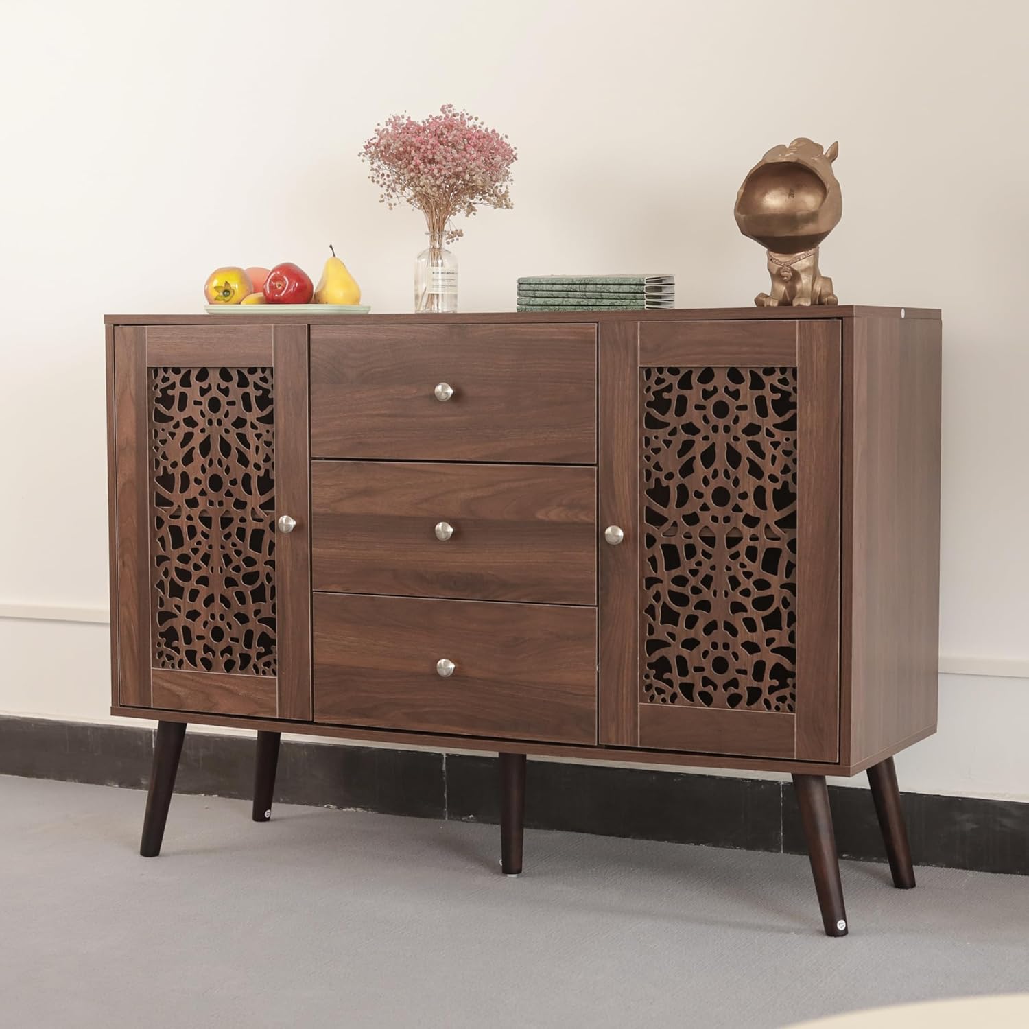 Hollow-Carved Accent Cabinet,Wood Coffee Bar Cabinet with 3 Drawers & 2 Doors, Adjustable Shelf,Retro Sideboard Buffet Cabinet for Dinning Room,Kitchen,Hallway,and Living Room