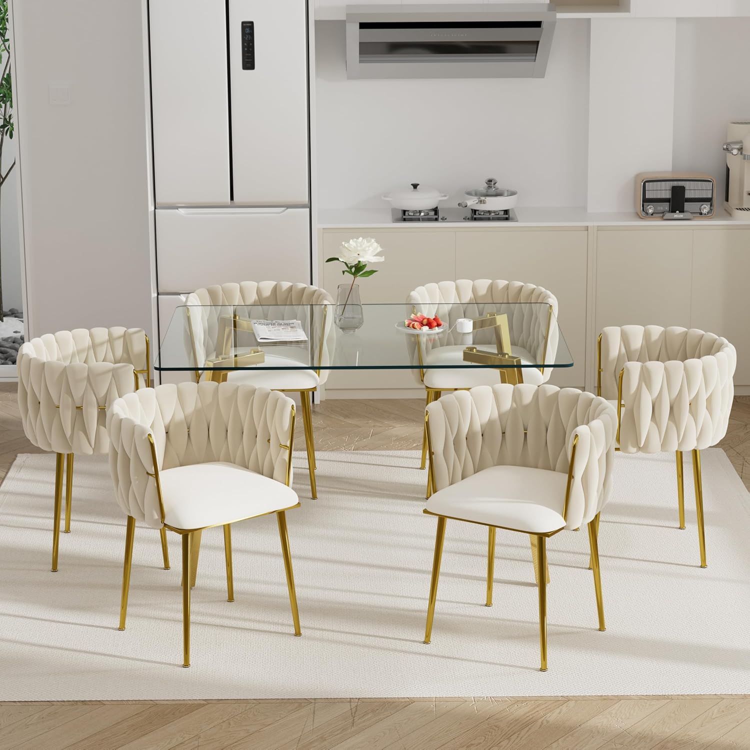 Gold Glass Dining Table Set for 6, 51'' Modern Rectangle Dinner Room Table Set, 7 PCS Clear Glass Top Retro Kitchen Table Set, Beige Woven Dining Chair for Living Room Small Apartment