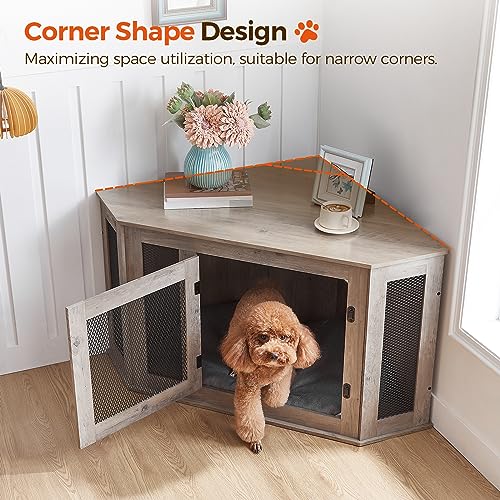 Corner Dog Crate Furniture, Wooden Dog Kennel End Table, Decorative Pet Crate Indoor Use, Furniture Style Dog House for Small Medium Dog, Dog Cage TV Stand, Greige and Black DCHG0801