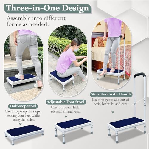 Medical Step Stool with Handle Bed Steps for High Beds for Adults Elderly 3-in-1 Safety Bed Handle Bedside Assist Handicap Wide Foot Step Stool for Bedroom, Bathtub, SUV Car (21.65-stool)