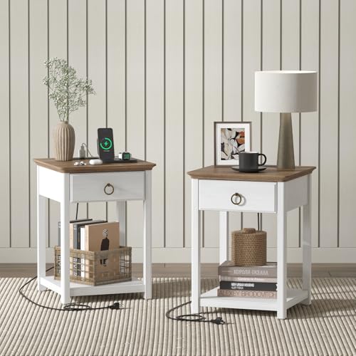 End Table with Charging Station,Farmhouse Nightstand with Storage,Square Side Table with Drawer,White End Tables Living Room,Bedroom,Solid Wood Bedside Table,Modern Sofa Side Table,White