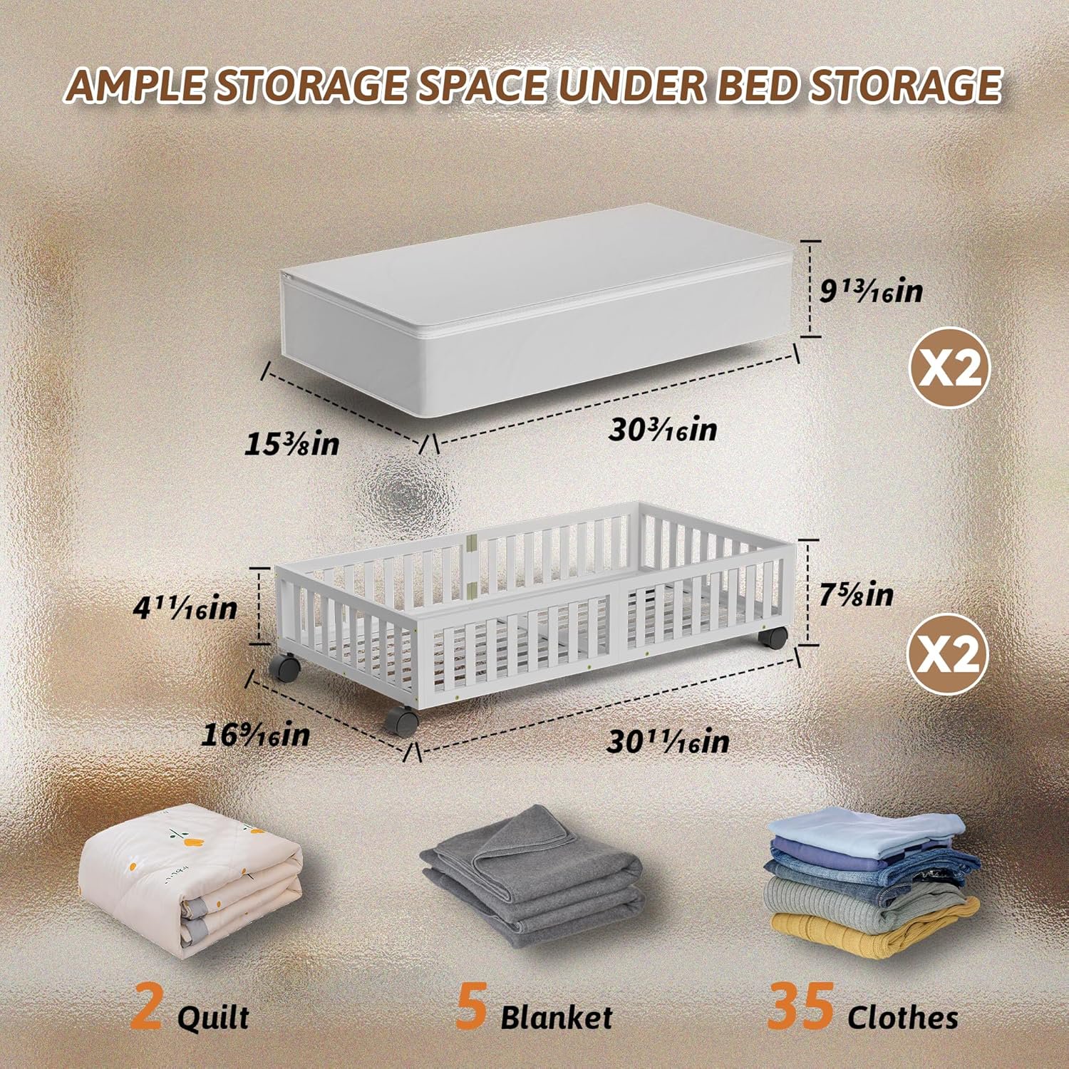 Under Bed Storage Containers with Wheels, 2 Pack Under the Bed Shoe Storage Bins, Large Wood Rolling Underbed Drawers Organizer for Bedroom Sheet Clothes Comforter, Under Crib Toy Storage White