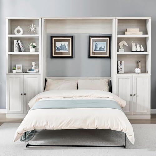 MERITLINE Queen Size Murphy Bed with Storage Bookcase Shelves,Cabinet and Charging Station,Wood Folding White Murphy Wall Bed