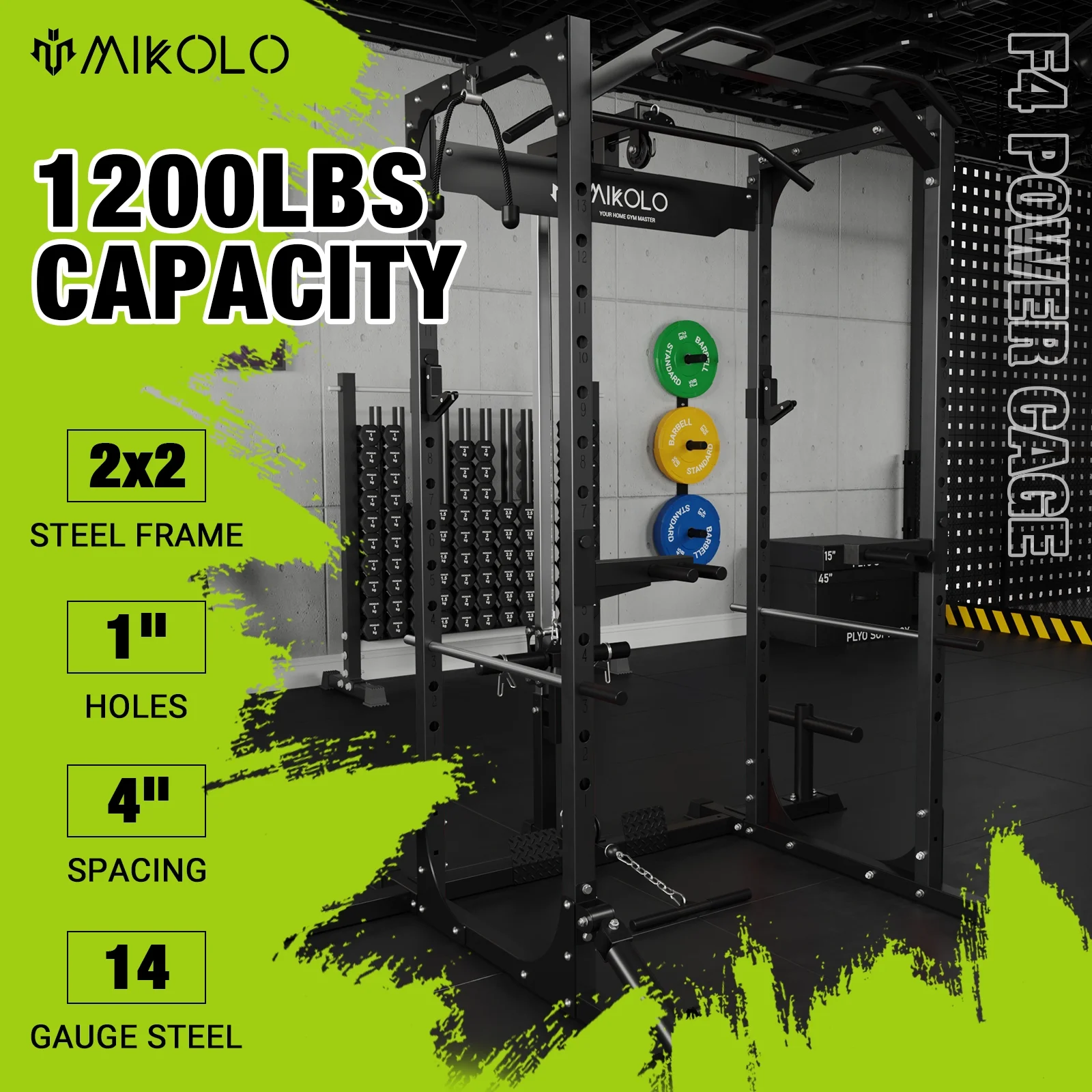 Mikolo Power Rack Cage with LAT Pulldown System,1200LBS Capacity Power Rack, Multi-Functional Squat Rack with 13-Level Adjustable Height and J-Hooks, Dip Bars, T-Bar, Squat Rack (Upgraded)