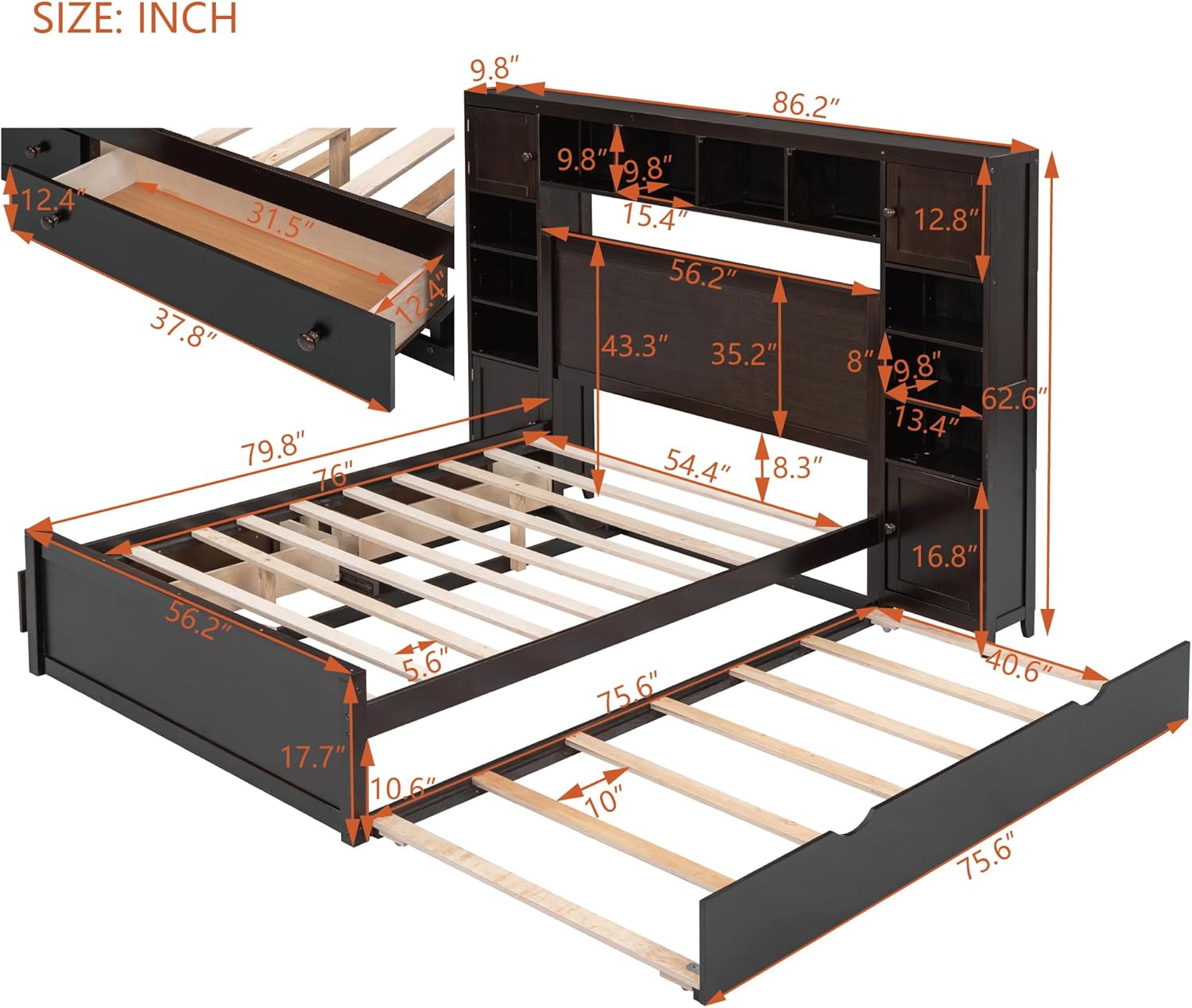 Full Storage Bed with Bookcase Headboard, Wood Full Size Platform Bed with Trundle and 2 Storage Drawers, Full Bed Frame with Cabinet and Shelf, No Box Spring Needed,Espresso