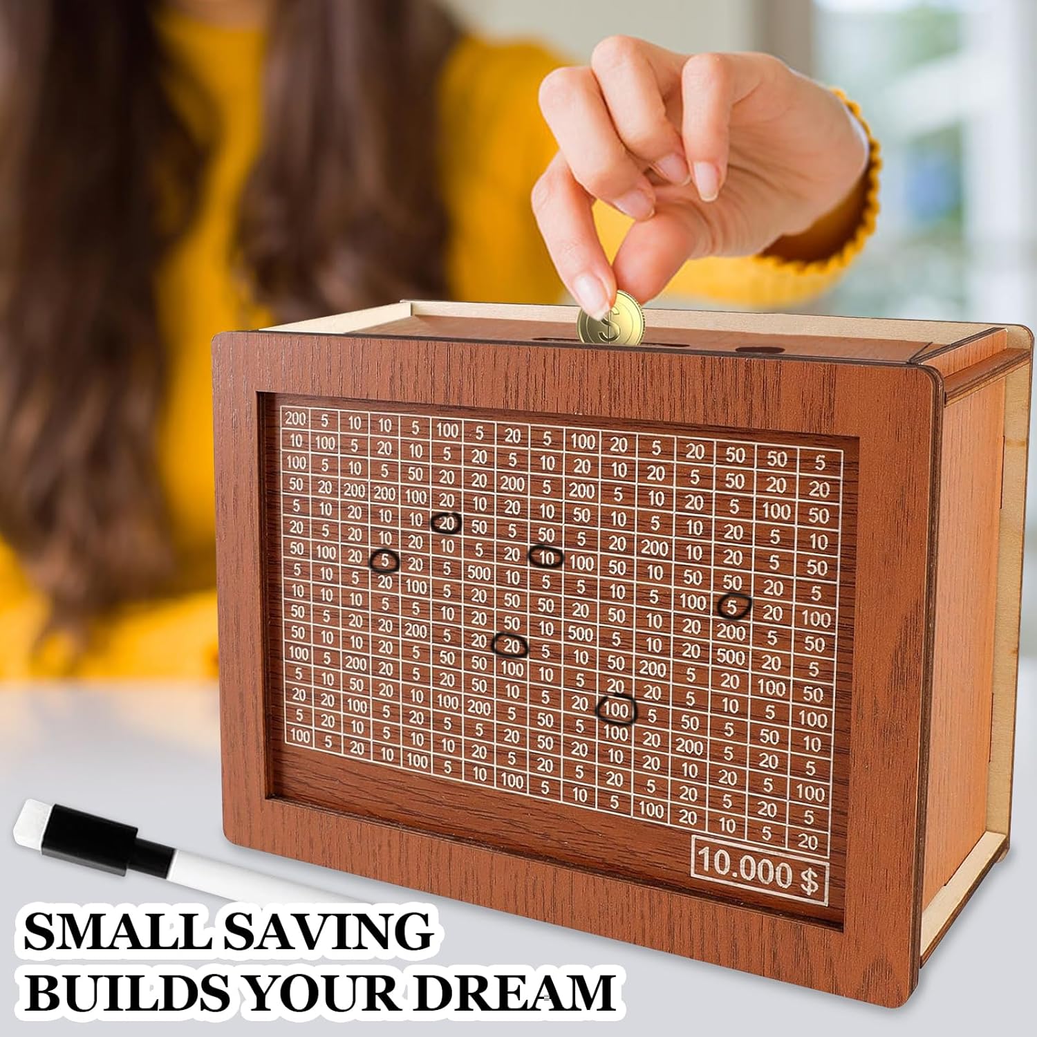 Cash Vault Wooden Savings Box, Wooden Money Box, Money Saving Box, Piggy Bank for Adults, Coin Counter box with Money Target and Numbers, Best Gift for Friends (10000$)