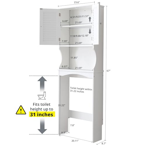 Over The Toilet Storage Cabinet, 3-Tier Freestanding Organizer, Bathroom Storage Cabinet Organize,Adjustable Shelves, Double Doors, Space-Saving for Bathroom, 23 * 67 inches, White