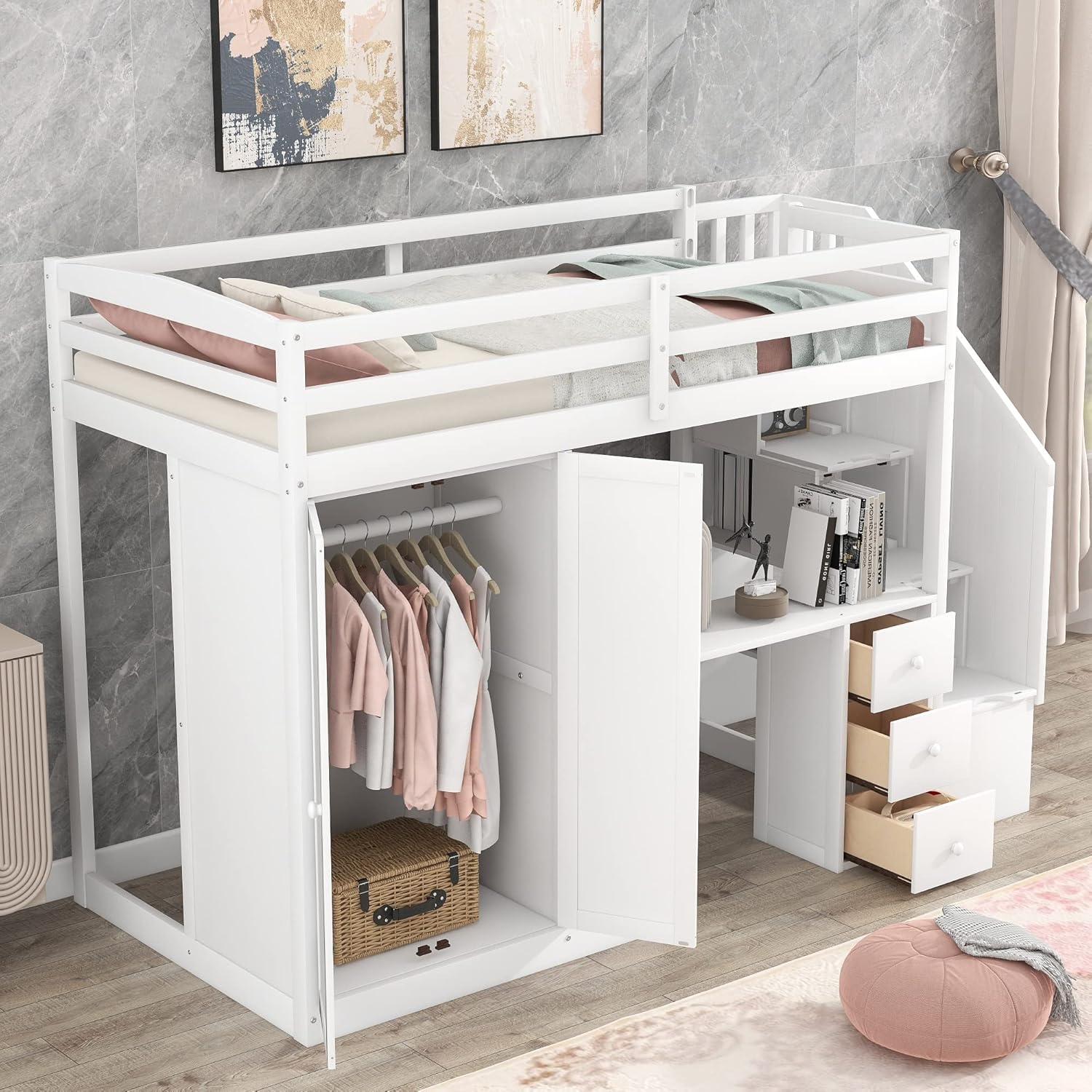 Twin Loft Bed with Stairs and Wardrobe, Wooden Twin Size Loft Bed with Desk Underneath, Loft Bed with Storage Staircase and Shelves for Girls Boys Teens,White
