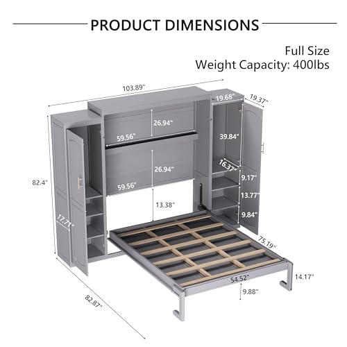 Queen Size Murphy Bed Wall Cabinet with 2 Wardrobe and Storage Shelf, Wooden Murphy Cube Wall Bed, Space Saving Pull Out Hidden Bedframe for Guest Room, Apartment, White