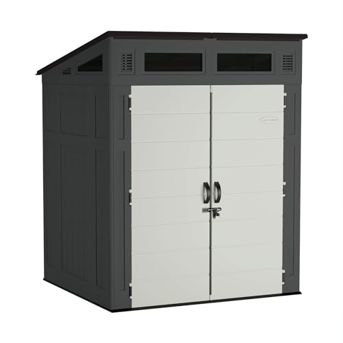 Suncast 6' x 5' Modernist Storage Shed for Yard Storage, All-Weather Outdoor Storage Shed with 2 Lockable Doors and Windows, Peppercorn, Made in The USA