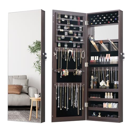 8 LED Lights Jewelry Armoire with Mirror - 47.3” H Mirror Jewelry Cabinet Door Hanging/Wall Mounted Mirror With Storage And 2 Drawers - Off-White