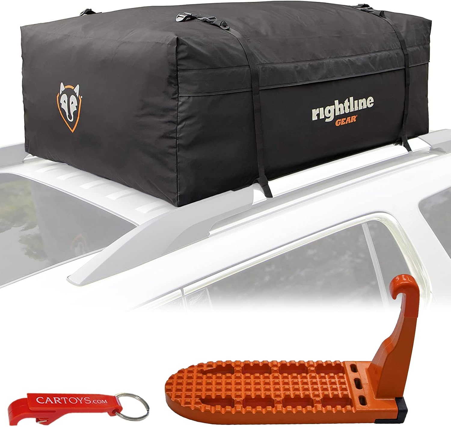 Rightline Gear Range 3 Car Top Carrier & Moki Door Step (Helps You Reach Roof) Bundle. Water-Resistant Overhead Cargo Solution for SUVs, Minivans & Hatchback Vehicles with or Without Rack, 18 Cu. Ft.
